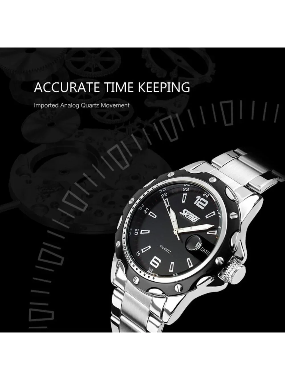 Men's Silver Black Analog Quartz Stainless Steel Waterproof Luxury Wrist Watch